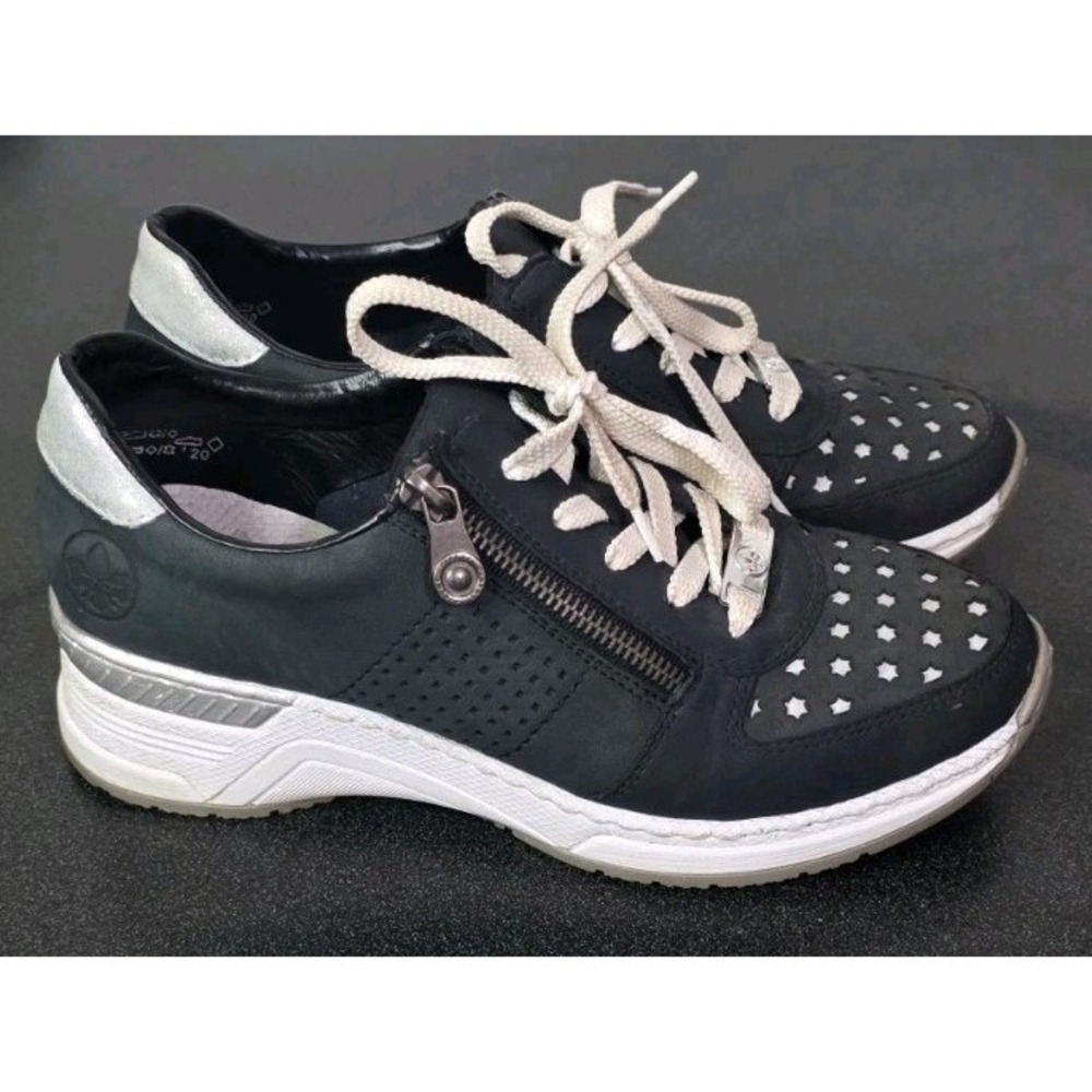 Rieker Wedge Heel Sneaker Navy‎ 38 Women 7 Zip Close Stars Tennis Shoe EUC